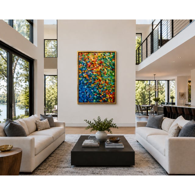 A lively and expressive original oil on canvas abstract painting featuring dense, textured palette-knife strokes in a rich...