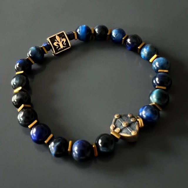 Blue Tiger Eye Stone Shield Charm Beaded Bracelet For Sale - Image 4 of 8