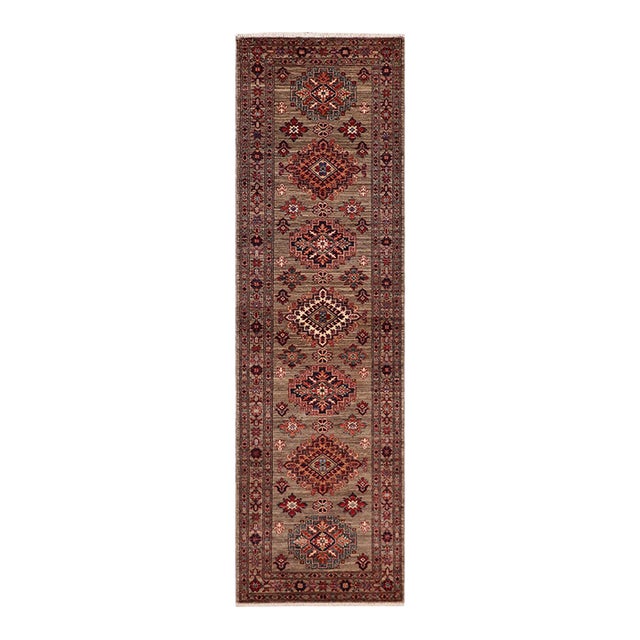 Southwestern Super Kazak Gray Wool Runner Rug- 2'6'' X 9'6'' For Sale