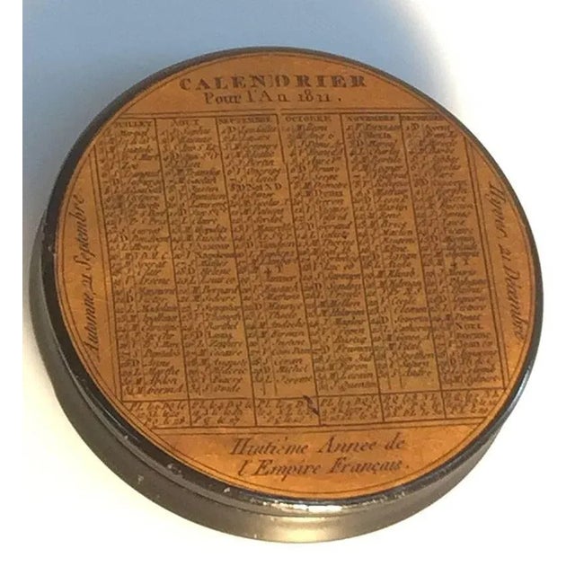 French laquered papier mâché snuff box French Calendar 1811, (Calendrier Pour L' An 1811) Names of the Saints, every day...