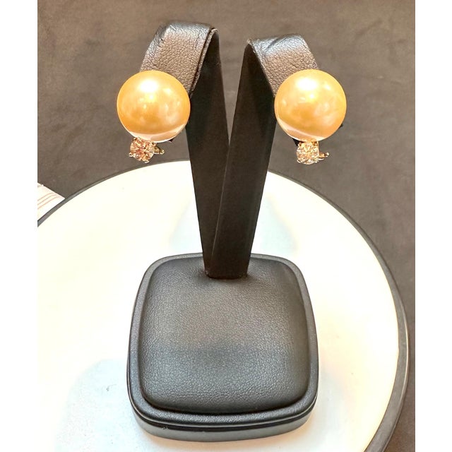 15 mm Round Golden South Sea Pearl & 1 Ct Diamond Cocktail Stud Earrings 14 KG For Sale In New York - Image 6 of 18