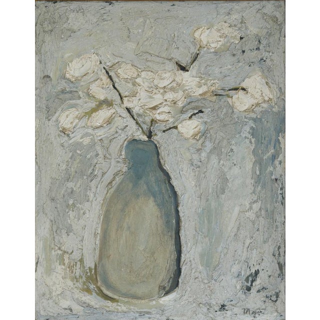 An expressive still life by Roy Moyer (New York, 1921-2007) rendered in richly textured oil on board, this work features a...