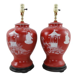 Pair of Vintage Red Porcelain Hand-Painted White Chinoiserie Table Lamps. For Sale