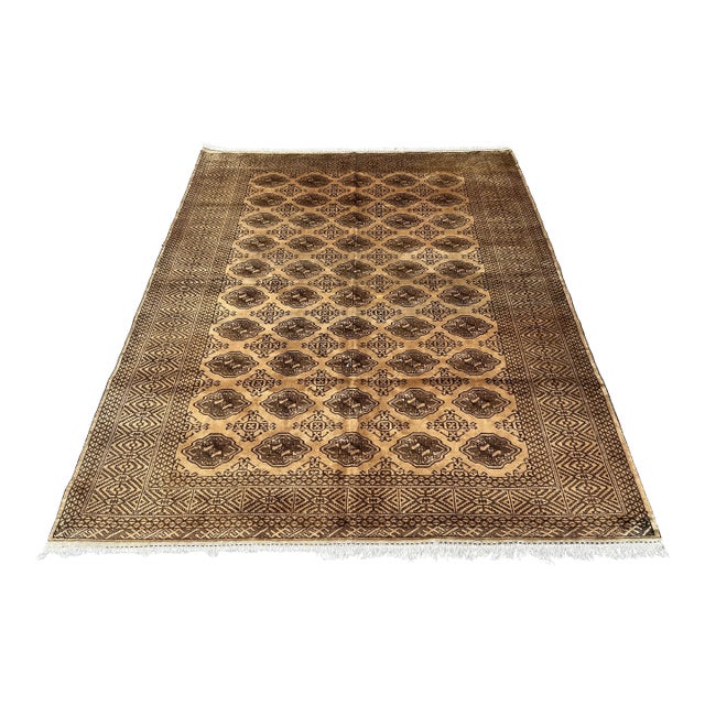 Terracotta Design Camel Turkmen Bokhara Hand-Knotted Wool Rug - 6'9" X 8'5" For Sale