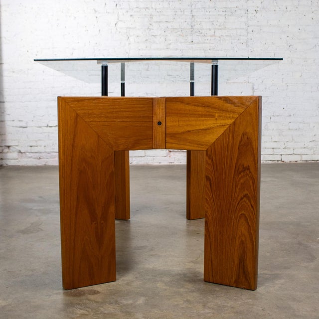 Mid to Late 20th Century Modern to Scandinavian Modern Dining Table Teak Slab Base & Rectangular Beveled Glass Top For Sale - Image 16 of 18