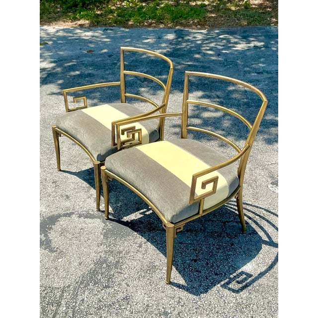 Vintage Regency Greek Key Brass Lounge Chairs After Mastercraft - A Pair For Sale - Image 11 of 12
