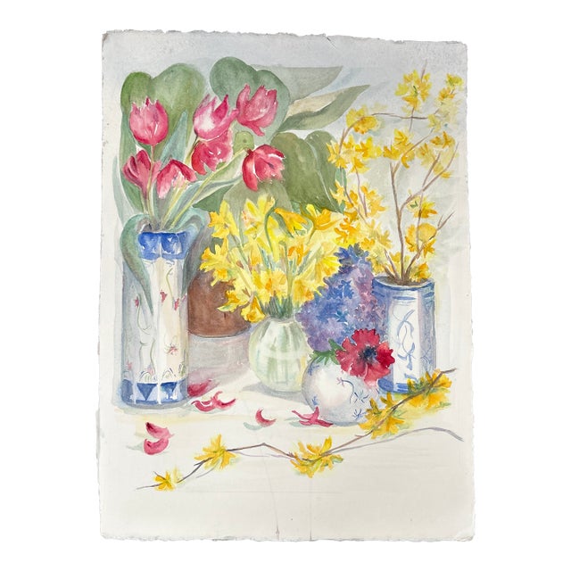 1980’s Original Impressionist Flowers in Vase Still Life Watercolor Painting For Sale
