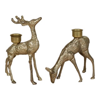 Midcentury Brass Deer Candle Holders, Stag and Doe Pair For Sale