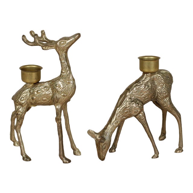 Midcentury Brass Deer Candle Holders, Stag and Doe Pair For Sale