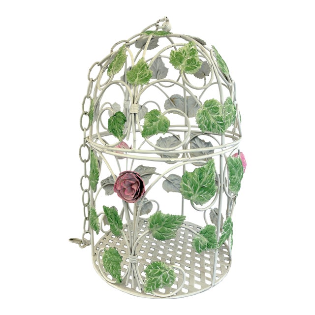 Vintage Italian Painted Tole Birdcage With Foliage and Rosette Decorations For Sale