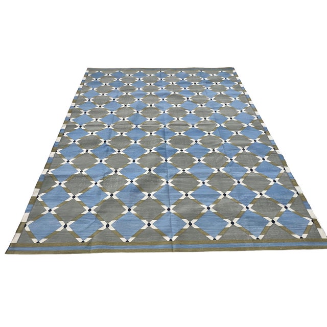 Mid-Century Modern Handwoven Cotton Area Rug, Grey, Sky Blue, Green and Cream Geometric Dhurrie - 8'x10' For Sale - Image 3 of 13