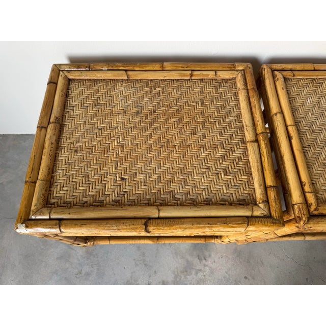 Wood Pair of Vintage Coastal Boho Chic Bamboo Rattan Side Tables/ Sold For Sale - Image 7 of 10