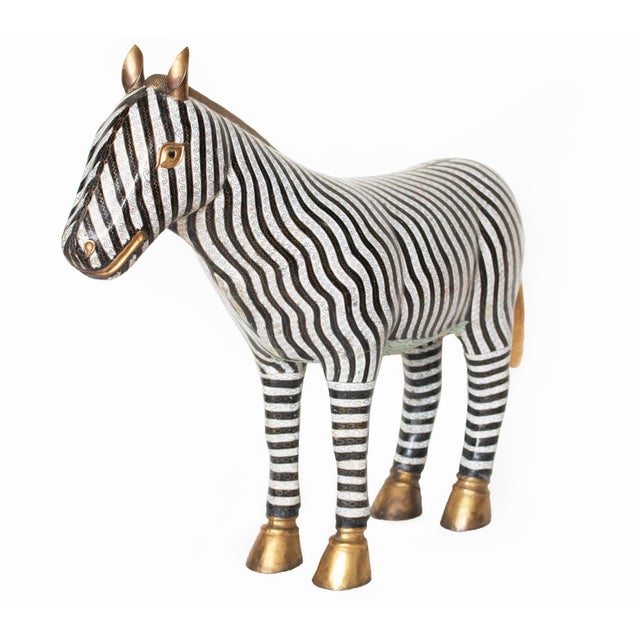 Rare impressive extra large vintage Chinese Cloisonné Enameled Zebra Statue. Handmade. Felt pads underneath the feet to...
