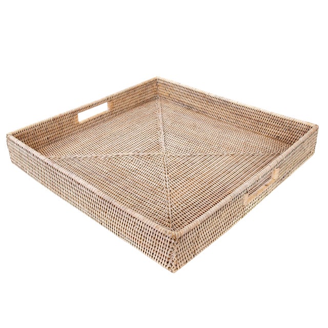 Artifacts Rattan Square Ottoman Tray with Cutout Handles, White Wash, 24" For Sale