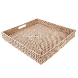 Artifacts Rattan Square Ottoman Tray with Cutout Handles, White Wash, 24"