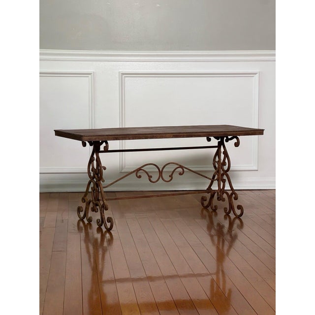 Regency Scroll Iron Bench, Coffee Table, Faux Leather Trompe-l'Oeil Top, 1960s For Sale - Image 4 of 13