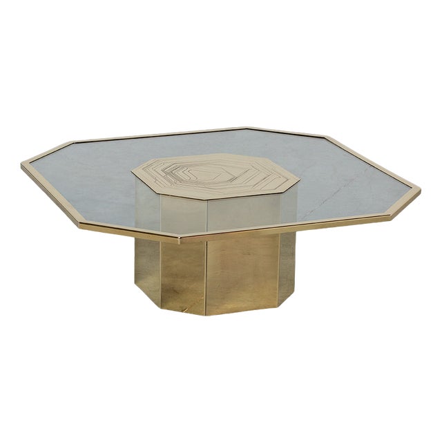 Coffee Table in Etched Brass and Glass by Nadie Jenatzy, 1980s For Sale