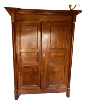 Antique French Empire Armoire Walnut, Columns to Either Side Front With Bronze Gilt Mounts Also Gilt Bronze Key Hole
