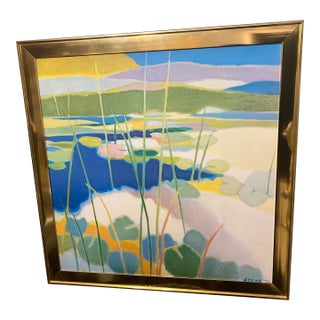 1970s Lily Pond in Summer Created by Japanese American Artist Tadashi Asoma For Sale