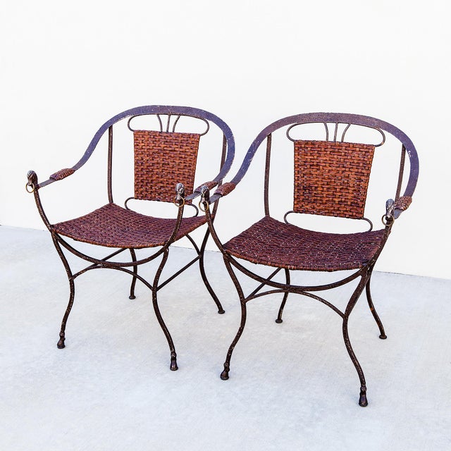 Vintage Iron and Leather Strap Horseshoe Back Curule Accent Chairs For Sale - Image 11 of 15
