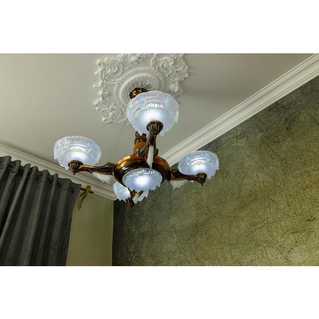 Art Deco French Coppered Metal and Opalescent Glass Chandelier from Ezan, 1930s For Sale - Image 12 of 18
