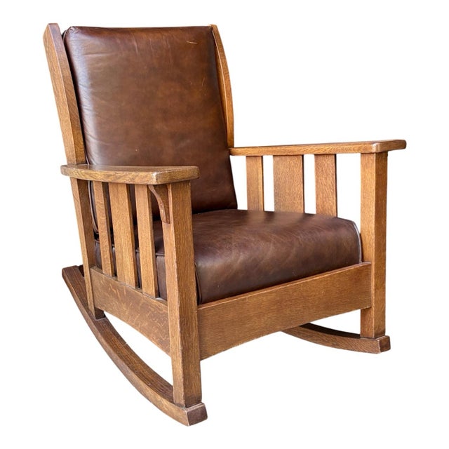 Mission 1910s Mission Oak Stickley Brothers Rocking Chair W/ Leather Upholstery For Sale - Image 3 of 8