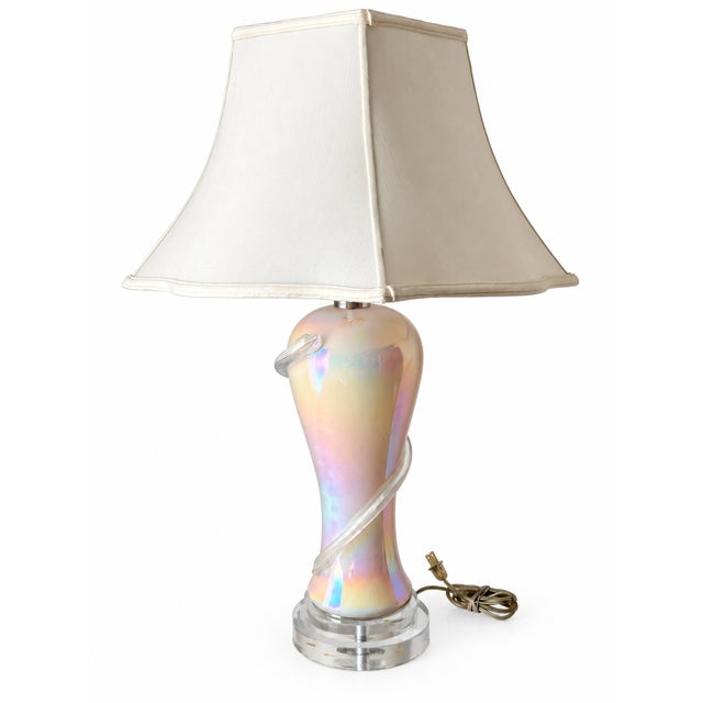 Late 20th Century Iridescent Pearlescent Spiral Ribbon Table Lamp With Clear Tiered Base For Sale - Image 5 of 17
