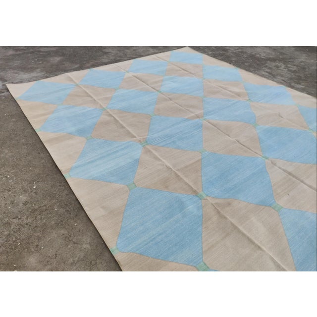 Textile Handmade Cotton Area Rug Natural Vegetable Dyed Reversible Beige Blue Tile Pattern Rug - 10'x14' For Sale - Image 7 of 11