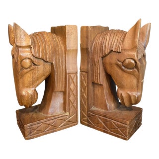 1950s Mid Century Monkey Pod Wood Horses Bookends - Set of 2 For Sale