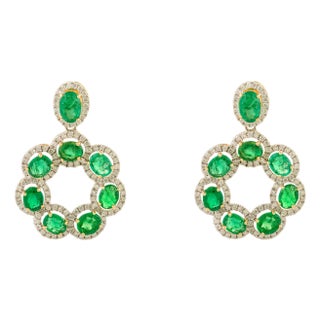 18k Gold Emerald & Diamond Floral Chandelier Earrings- 2 Pieces For Sale