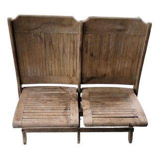 Vintage Wood Folding Double Theater Bench Slatted Two Seater Rustic Farmhouse For Sale