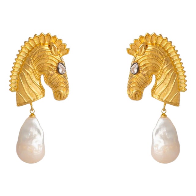 Majestic Horse & Baroque Pearl Gold Statement Earrings, A Pair For Sale