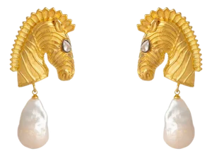 Majestic Horse & Baroque Pearl Gold Statement Earrings, A Pair
