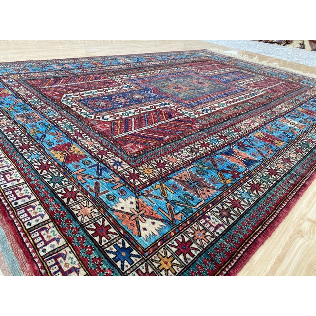 Textile Vintage Kazak Wool Rug, Red Star Medallion For Sale - Image 7 of 11
