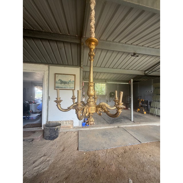 Gold Mid 20th Century Neoclassical Six Light Gilt Wood Chandelier For Sale - Image 8 of 9