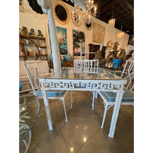 Brown Jordan Vintage 5 Pc Faux Bamboo Greek Key Patio Dining Game Table & Chairs Restored For Sale - Image 4 of 12