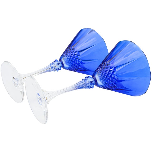 Mid 20th Century Vintage Blue Crystal-Cut Flutes, S/2 For Sale - Image 5 of 6