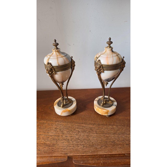Brass Pair Antique French Marble & Bronze Urns Neoclassical Cassolettes Empire Garniture Mantel Decor Lidded Decorative Urns For Sale - Image 8 of 14