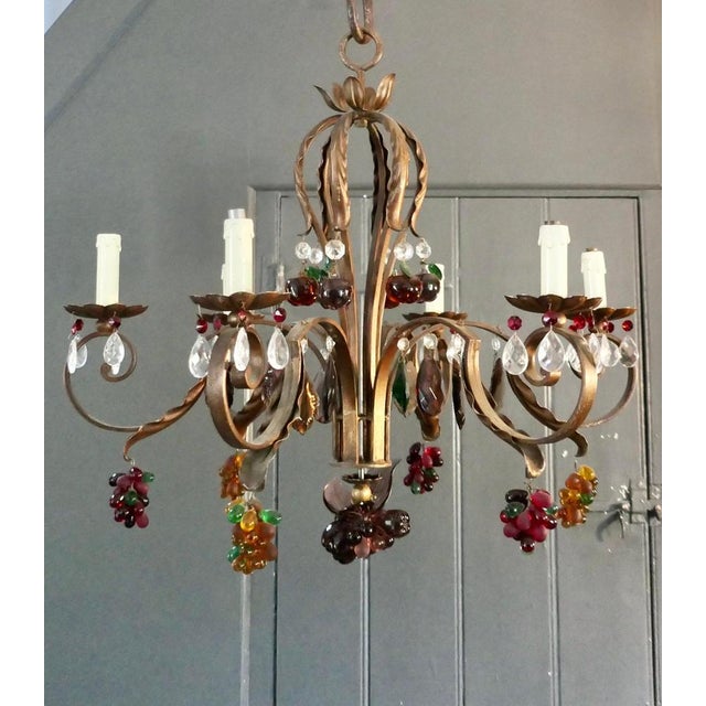 6 Branch Chandelier Hung with Coloured Crystal Fruits, Grapes, Apples and Pears This is a stunning piece, the aged gilt...