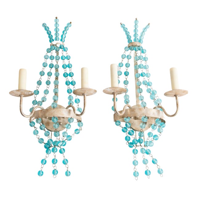 Pair Aqua Glass Ball Silvertone Sconces For Sale