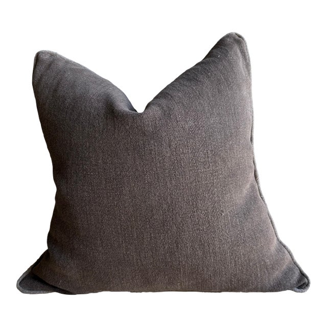 Stone Washed Linen Pillow in Cafe Noir Brown With Down Feather Insert For Sale