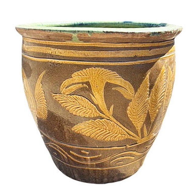 Half Price Sale $850 Antique Chinese Century-Egg Pottery Jar W/ Bird Fern Motif For Sale - Image 4 of 5