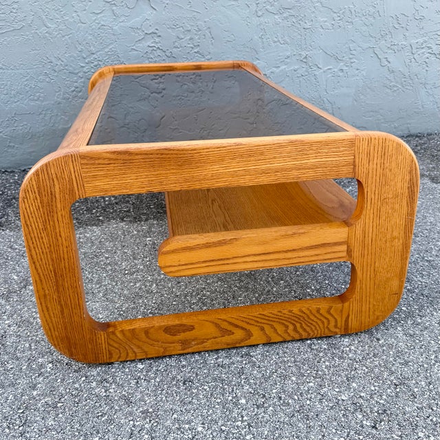 Mid Century Modern Lou Hodges Oak Smoked Glass Coffee Table For Sale In West Palm - Image 6 of 9