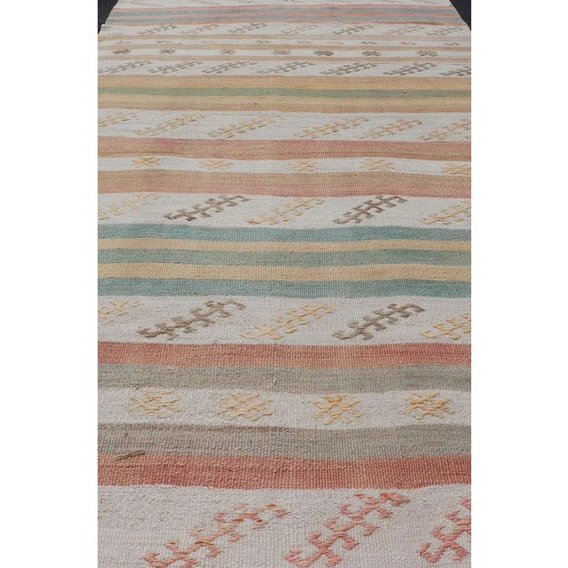 Modern Mid 20th Century Vintage Turkish Kilim Runner With Stripes in Cream Lt Green Coral & Yellow For Sale - Image 3 of 11