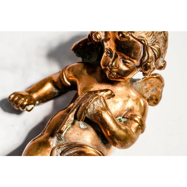 1950s Heavy Classical Figurine Vintage Solid Metal Cherub Putti With Bird Sculpture Paperweight Home Decor Art For Sale - Image 5 of 13