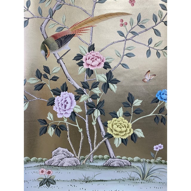 Paper 26" X 68" /Panel, Handpainted Chinoiserie on Champagne Metallic Leaf ( No Frame) For Sale - Image 7 of 10