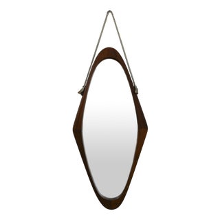 Oval Mirror with Wooden Frame and Leather Cord Details, 1950s For Sale