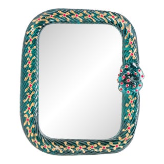 Vintage Venetian Twisted Murano Glass Picture Frame, Emerald Green With Jeweled Rose For Sale