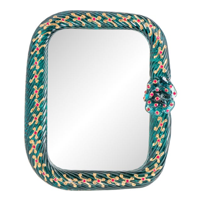 Vintage Venetian Twisted Murano Glass Picture Frame, Emerald Green With Jeweled Rose For Sale