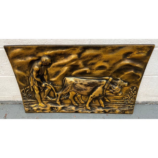 Mid 20th Century Vintage Bronze-Tone Relief Plaque of Farmer With Ox For Sale - Image 5 of 5